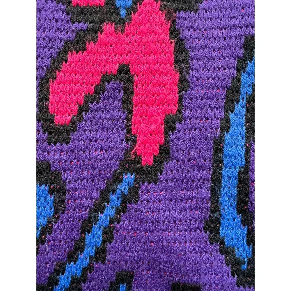 Vintage Abstract Flower Art Pattern Knit Sweater M Contemporary Purple Pink Blue